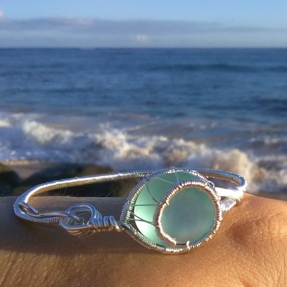 butterflybythesea Jewelry - Silver Wrapped Light Blue Sea Glass Bracelet